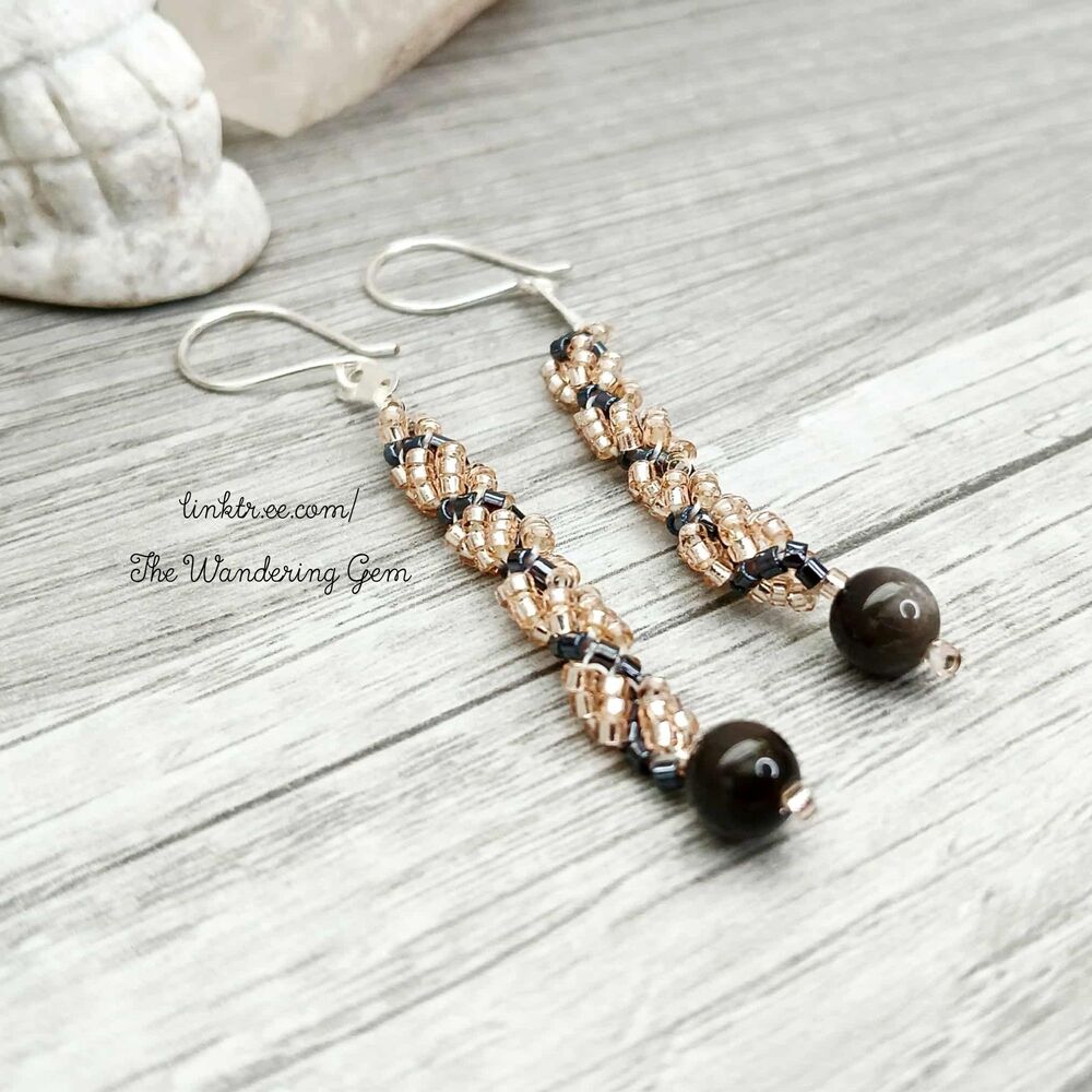 BOGO EARRINGS Black Obsidian Beaded Rope Dangle Earrings, Seed Bead 3"